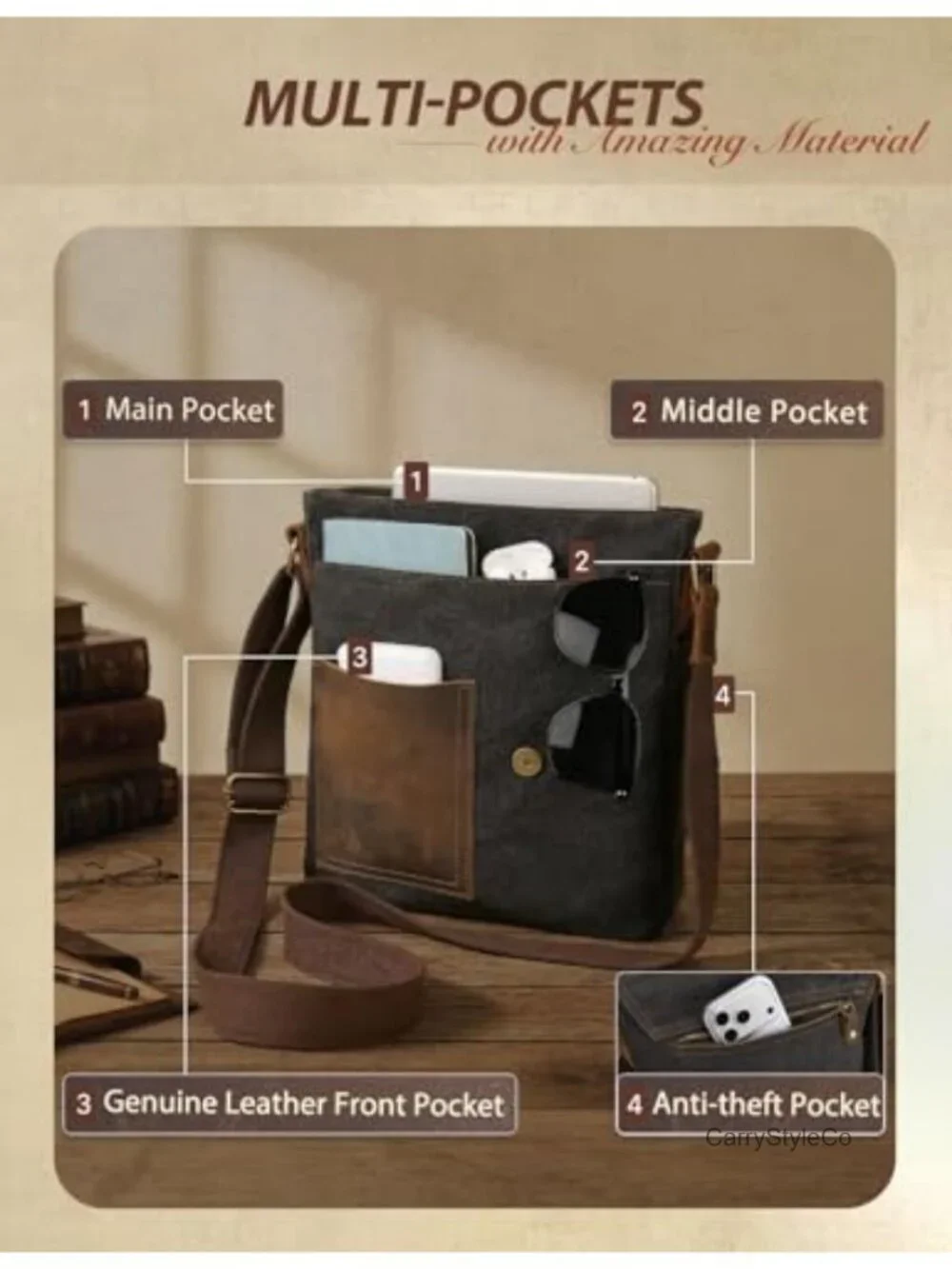 Genuine Leather Canvas Messenger Bag Crossbody Anti-Theft Shoulder Purse